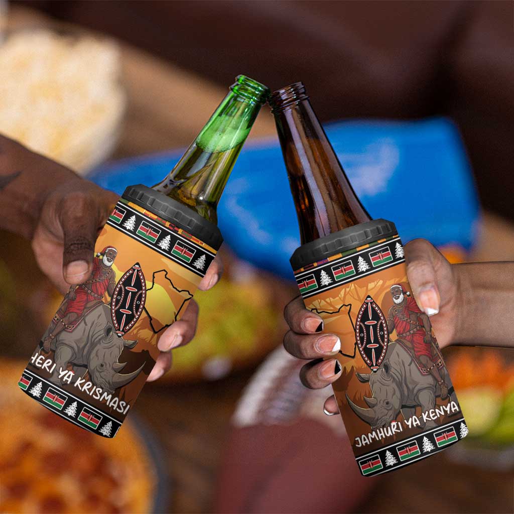 Afro Christmas in Kenya Safari 4 in 1 Can Cooler Tumbler Black Santa Riding Rhinoceros LT15