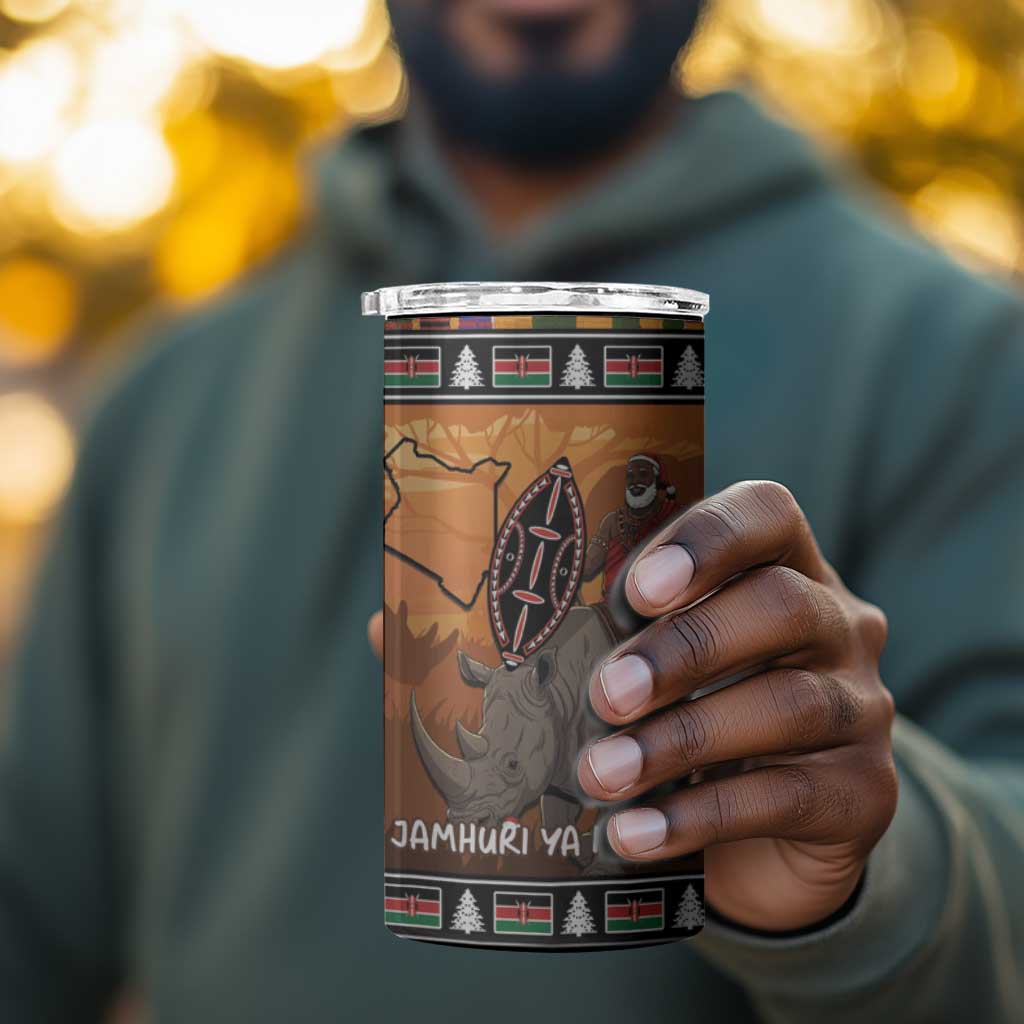 Afro Christmas in Kenya Safari 4 in 1 Can Cooler Tumbler Black Santa Riding Rhinoceros LT15