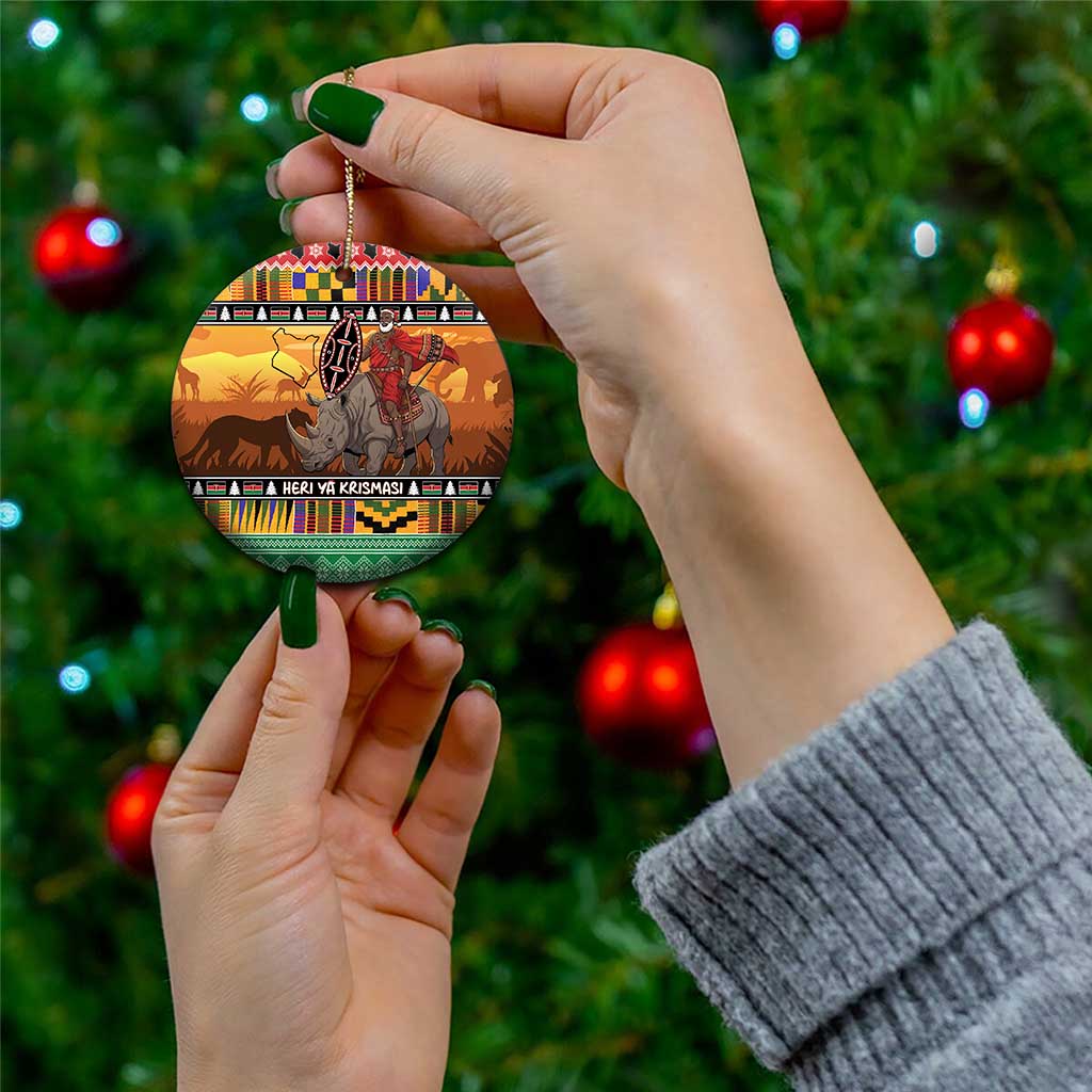 Kenya Safari Christmas Ceramic Ornament Black Santa Riding Rhinoceros - Heri ya Krismasi LT15