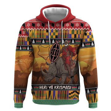 Kenya Safari Christmas Hoodie Black Santa Riding Rhinoceros - Heri ya Krismasi LT15