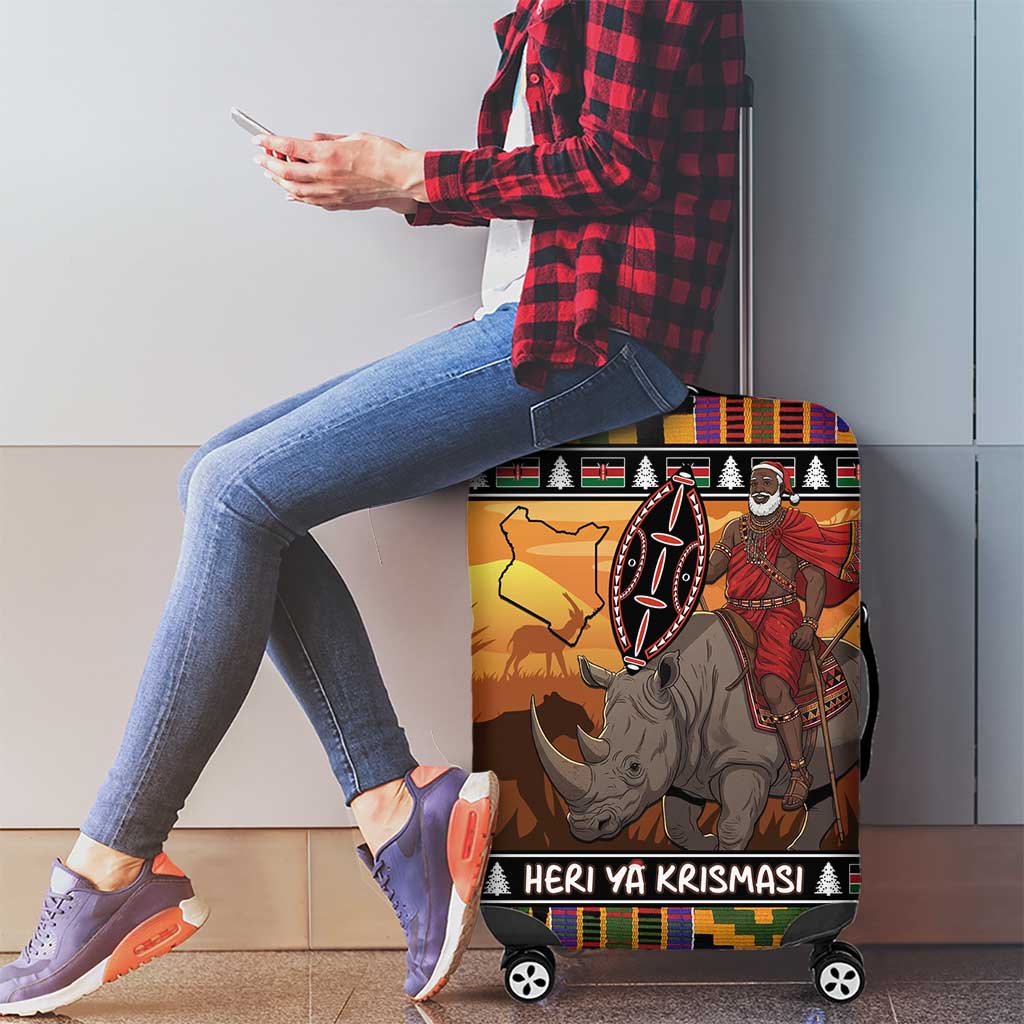 Kenya Safari Christmas Luggage Cover Black Santa Riding Rhinoceros - Heri ya Krismasi LT15