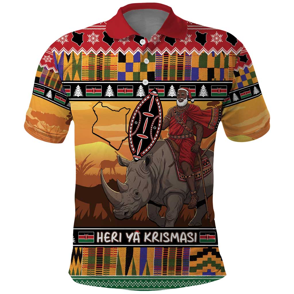 Kenya Safari Christmas Polo Shirt Black Santa Riding Rhinoceros - Heri ya Krismasi LT15