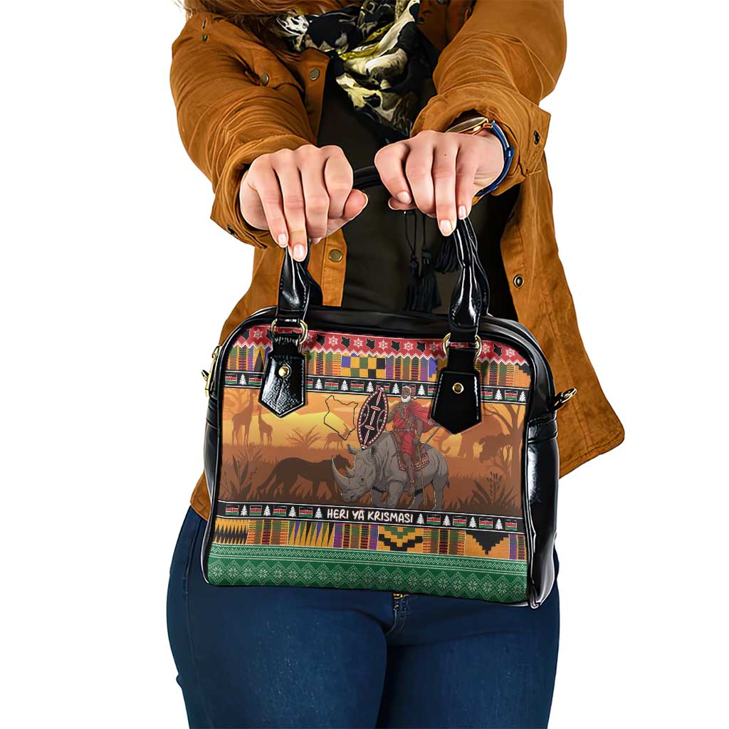 Kenya Safari Christmas Shoulder Handbag Black Santa Riding Rhinoceros - Heri ya Krismasi LT15