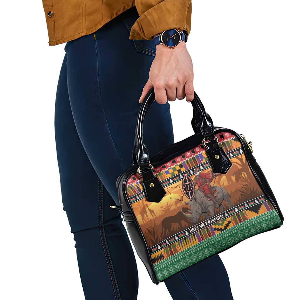 Kenya Safari Christmas Shoulder Handbag Black Santa Riding Rhinoceros - Heri ya Krismasi LT15
