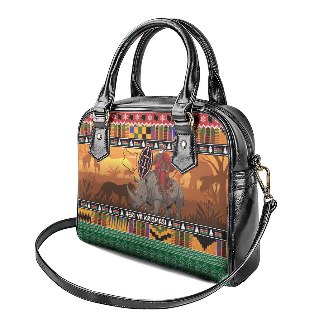 Kenya Safari Christmas Shoulder Handbag Black Santa Riding Rhinoceros - Heri ya Krismasi LT15