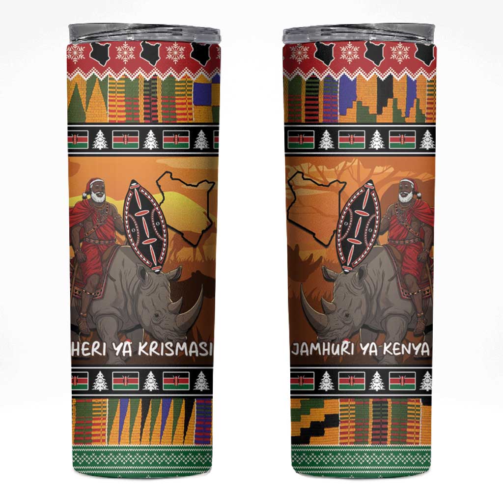 Afro Christmas in Kenya Safari Skinny Tumbler Black Santa Riding Rhinoceros LT15