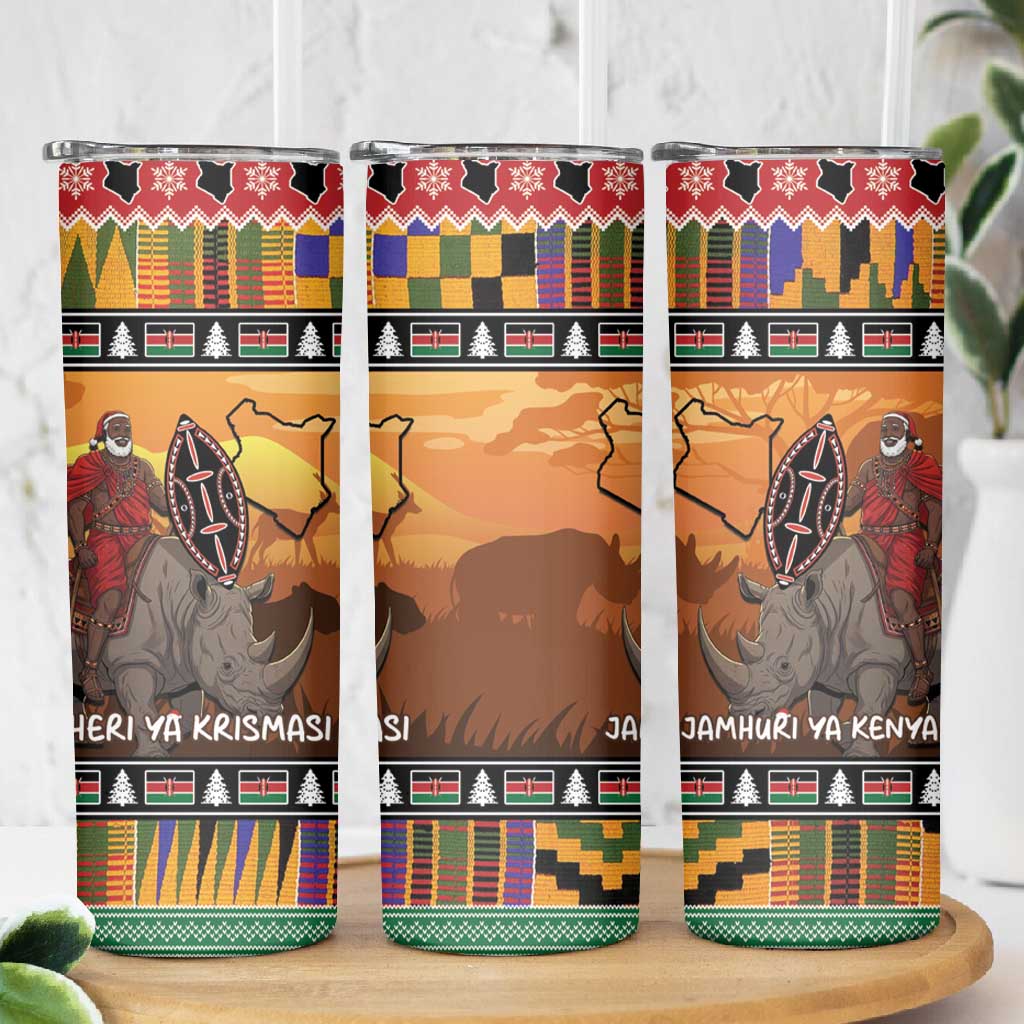 Afro Christmas in Kenya Safari Skinny Tumbler Black Santa Riding Rhinoceros LT15