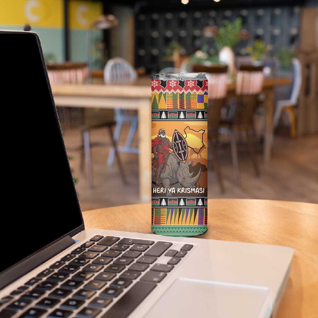 Afro Christmas in Kenya Safari Skinny Tumbler Black Santa Riding Rhinoceros LT15
