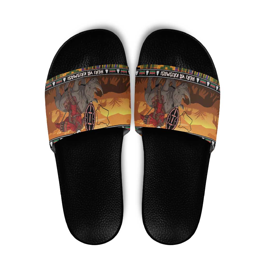 Kenya Safari Christmas Slide Sandals Black Santa Riding Rhinoceros - Heri ya Krismasi LT15