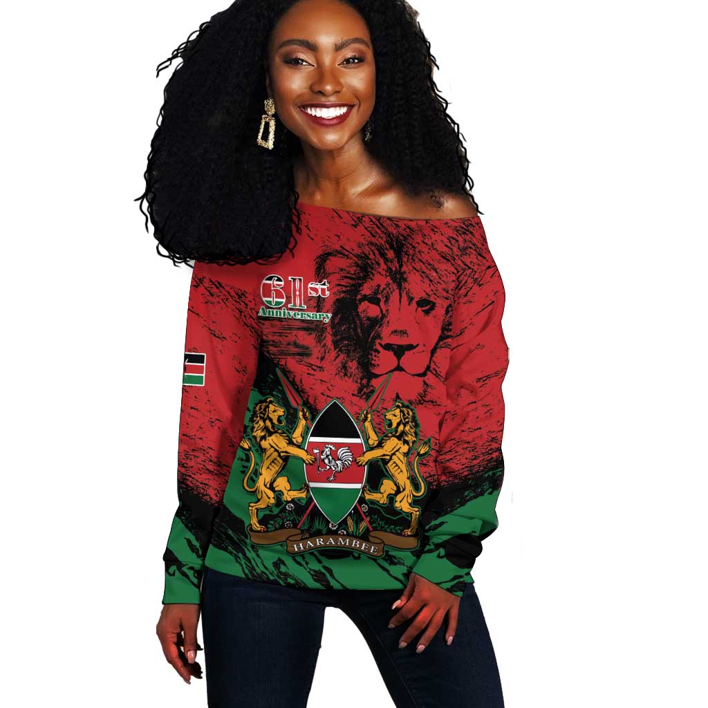 Jamhuri Ya Kenya Off Shoulder Sweater African Lion - Coat Of Arms LT15
