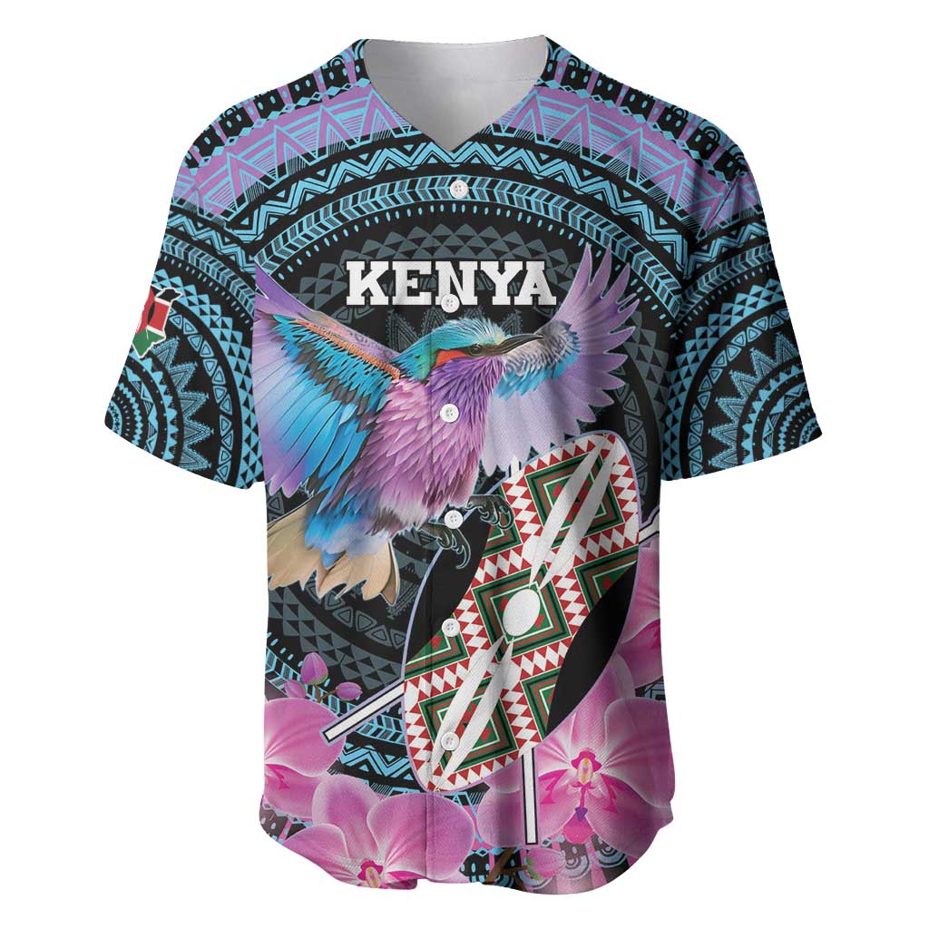 Personalised Kenya Lilac Breasted Roller Baseball Jersey Orchid Flower - African Pattern LT15