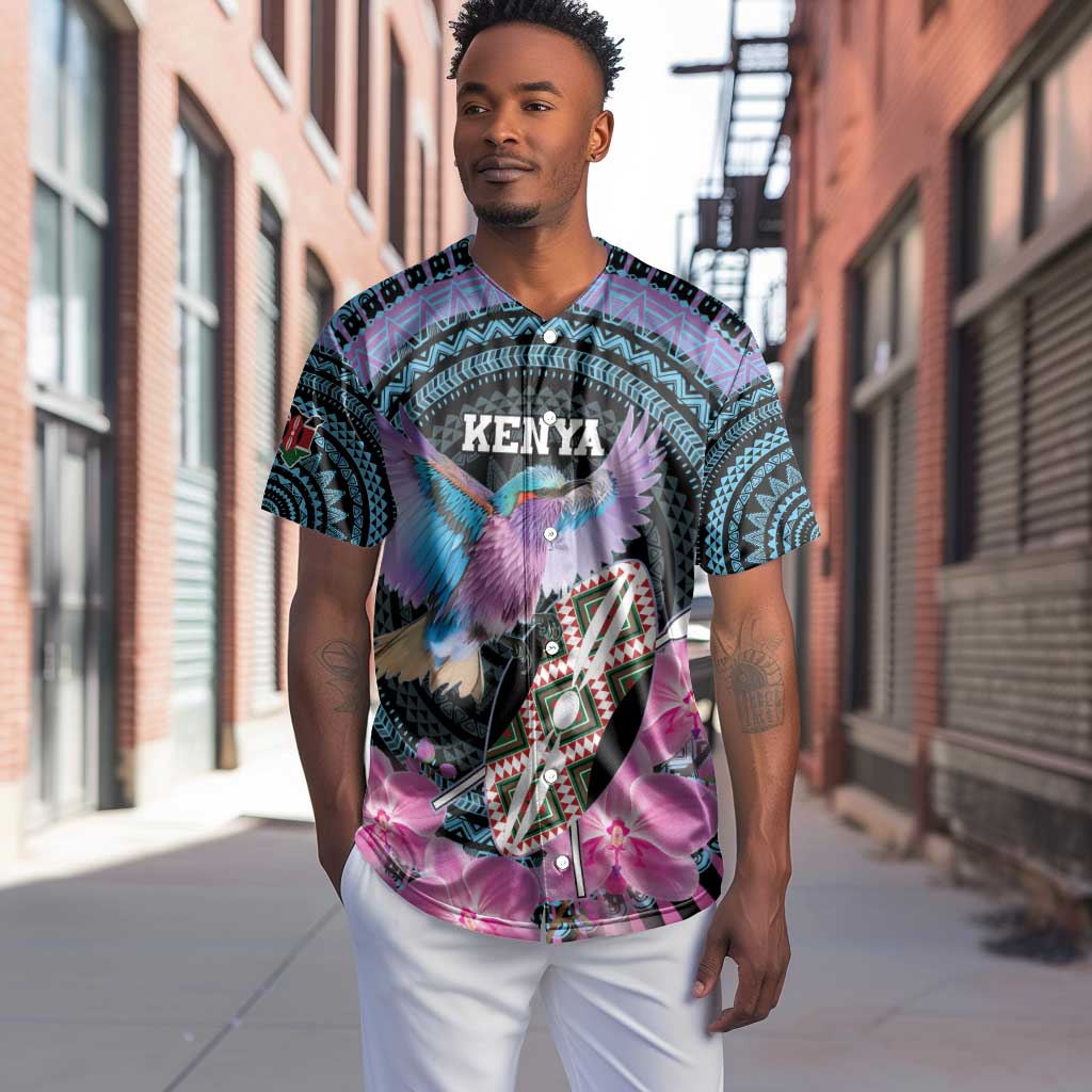 Personalised Kenya Lilac Breasted Roller Baseball Jersey Orchid Flower - African Pattern LT15