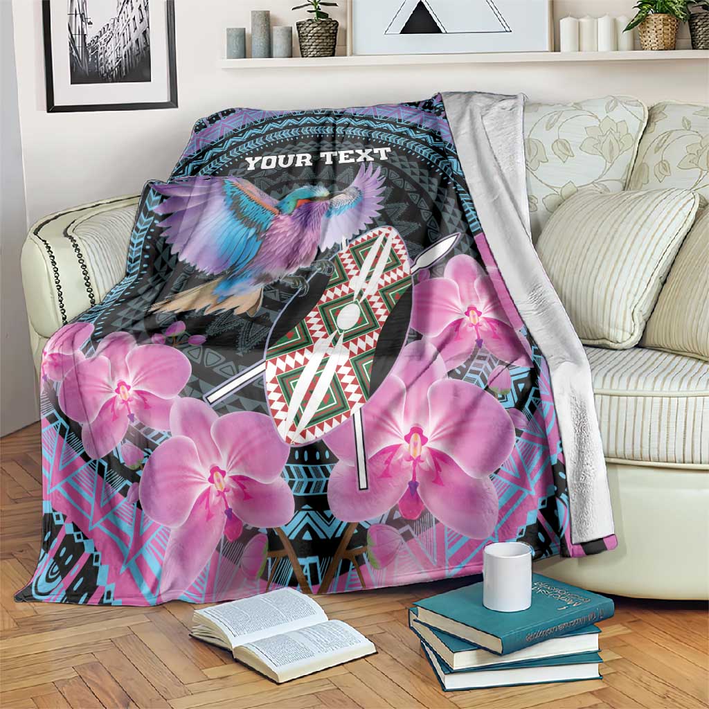 Personalised Kenya Lilac Breasted Roller Blanket Orchid Flower - African Pattern LT15