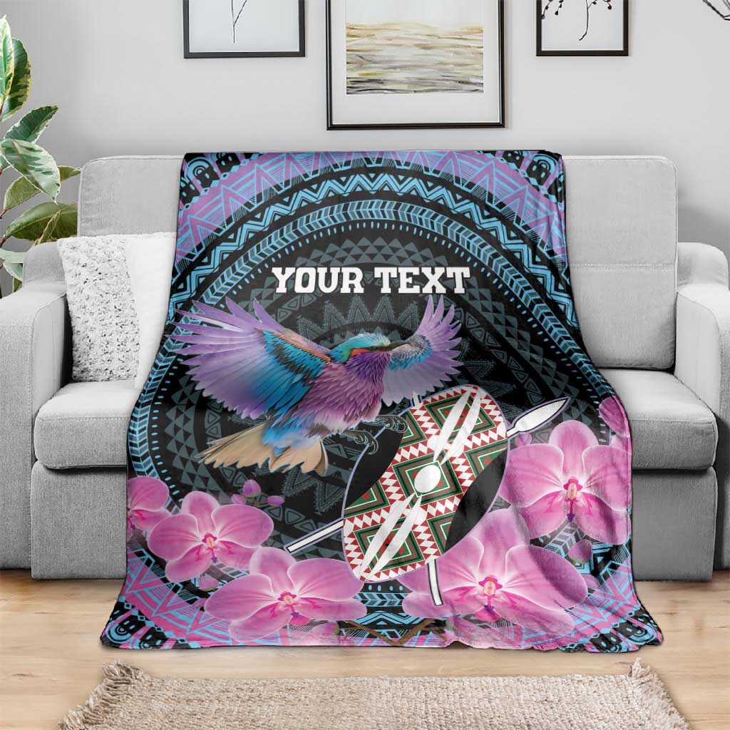 Personalised Kenya Lilac Breasted Roller Blanket Orchid Flower - African Pattern LT15