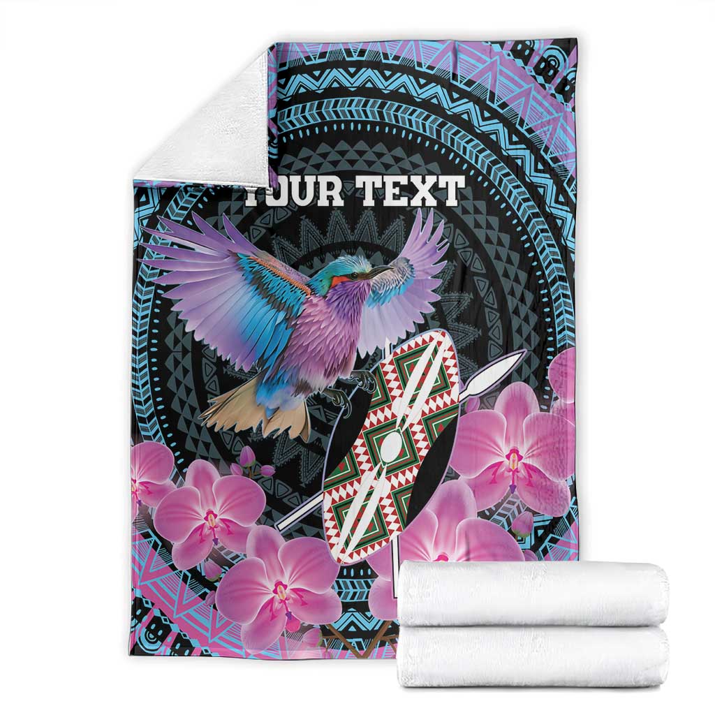 Personalised Kenya Lilac Breasted Roller Blanket Orchid Flower - African Pattern LT15