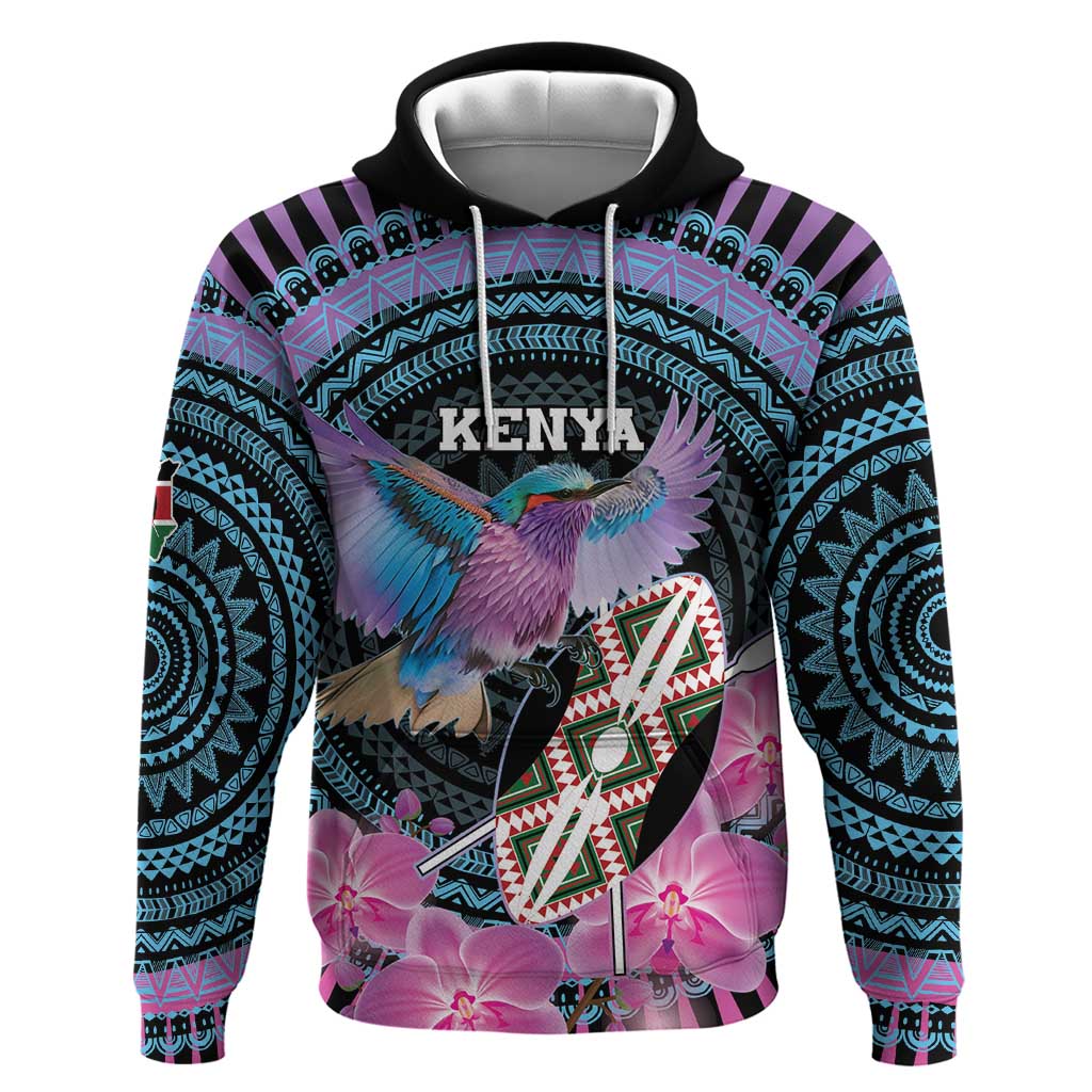 Personalised Kenya Lilac Breasted Roller Hoodie Mix Maasai Shield With Orchid Flower LT15