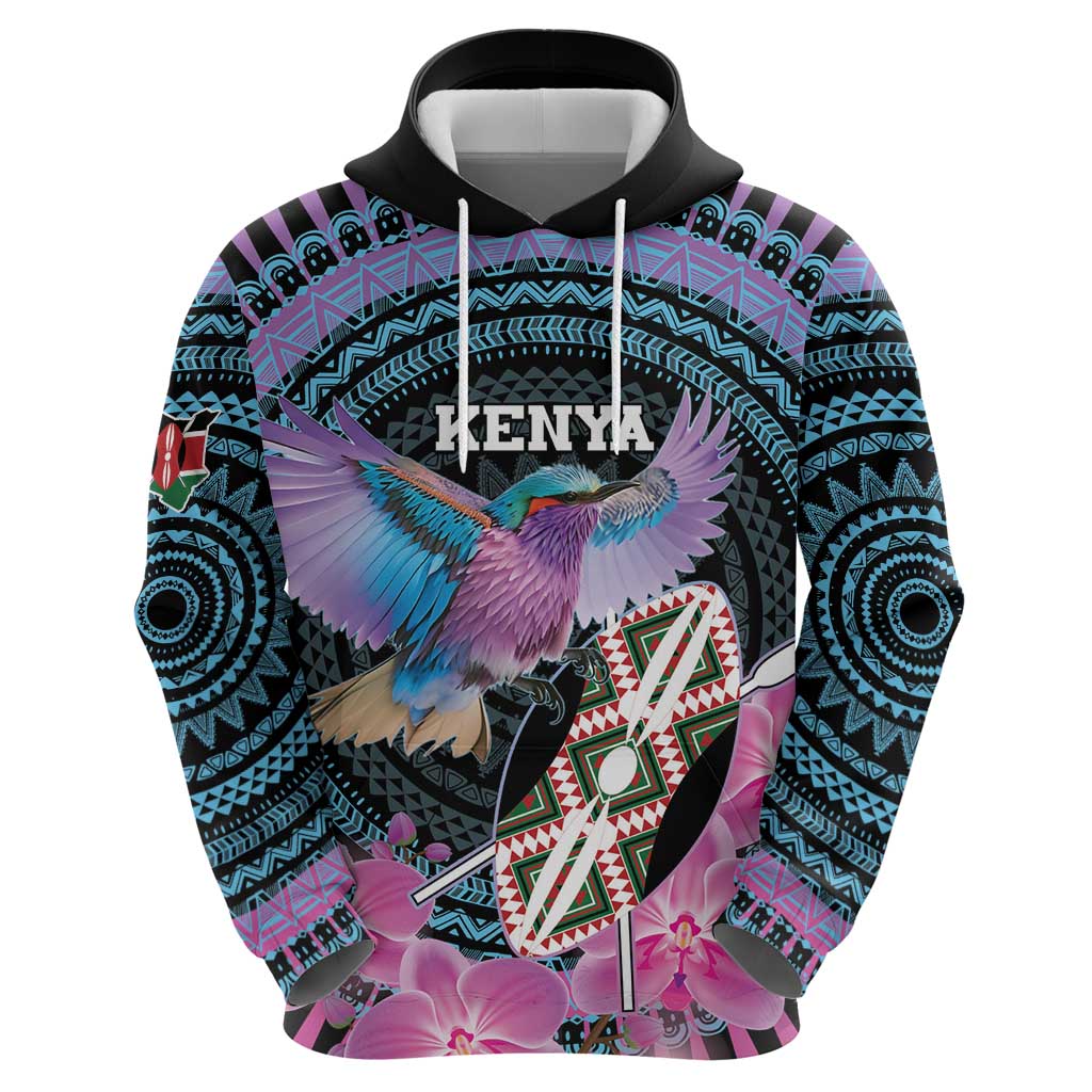 Personalised Kenya Lilac Breasted Roller Hoodie Mix Maasai Shield With Orchid Flower LT15