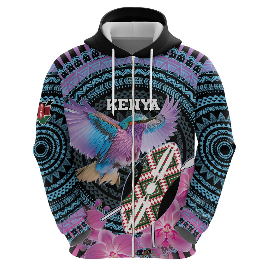 Personalised Kenya Lilac Breasted Roller Hoodie Mix Maasai Shield With Orchid Flower LT15
