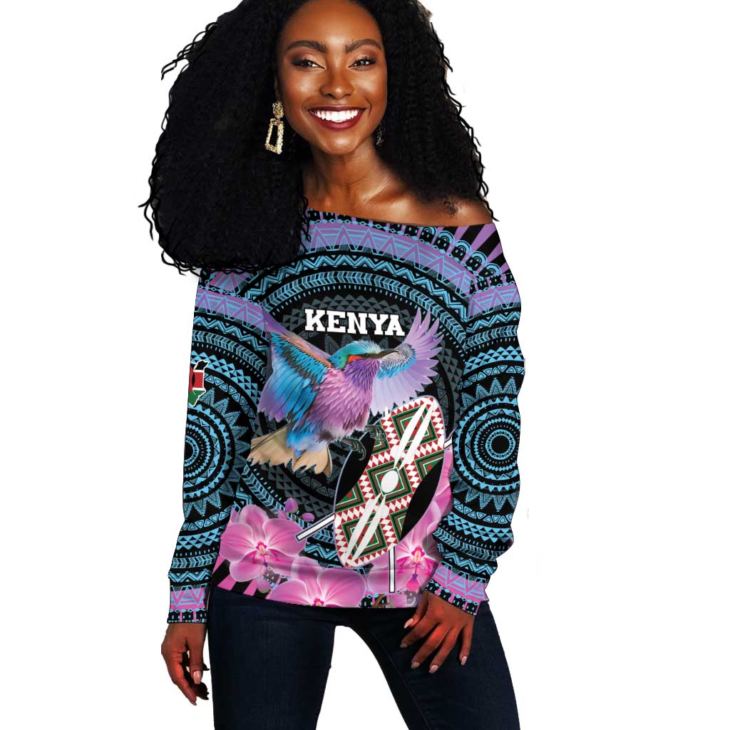 Personalised Kenya Lilac Breasted Roller Off Shoulder Sweater Orchid Flower - African Pattern LT15