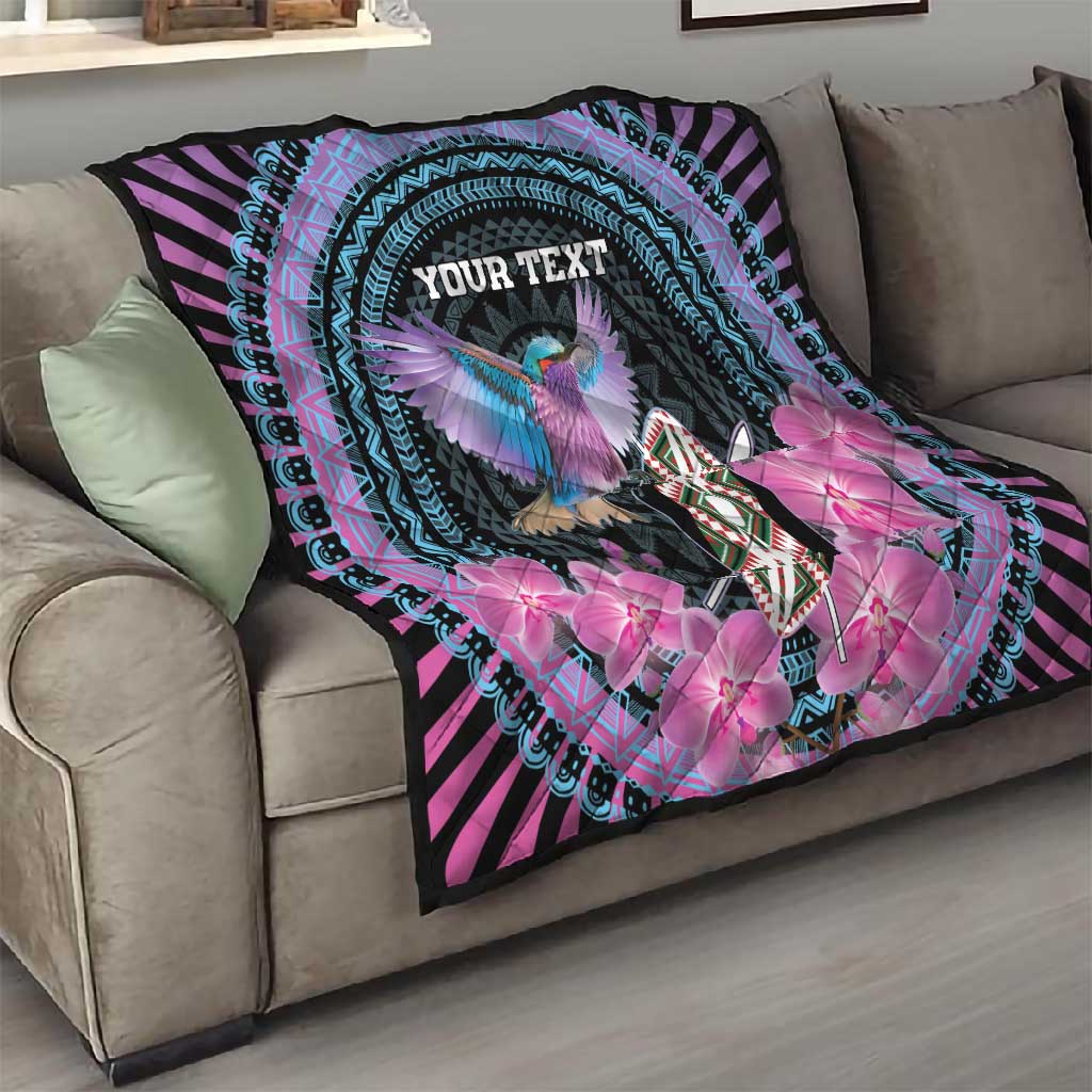 Personalised Kenya Lilac Breasted Roller Quilt Orchid Flower - African Pattern LT15