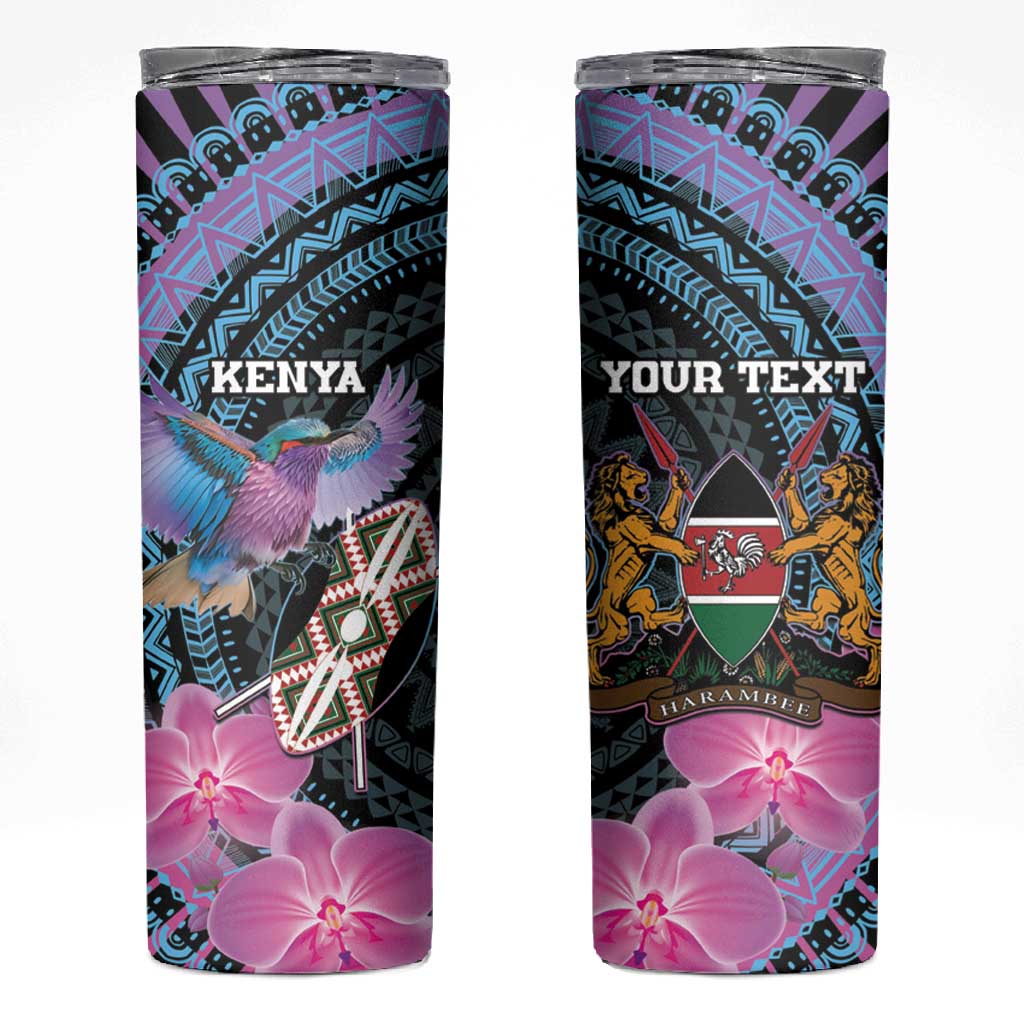 Personalised Kenya Lilac Breasted Roller Skinny Tumbler Orchid Flower - African Pattern LT15