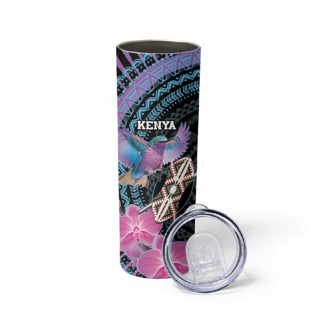 Personalised Kenya Lilac Breasted Roller Skinny Tumbler Orchid Flower - African Pattern LT15
