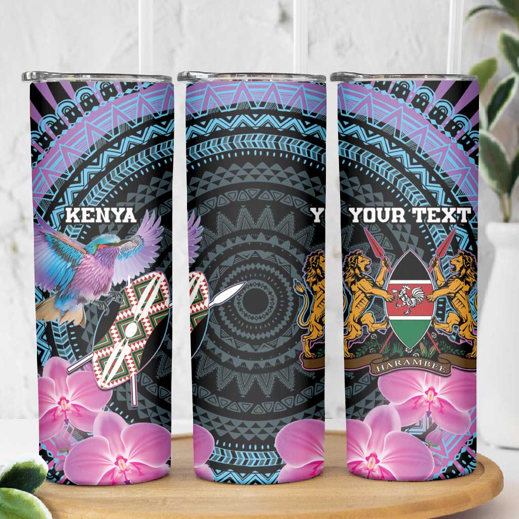 Personalised Kenya Lilac Breasted Roller Skinny Tumbler Orchid Flower - African Pattern LT15