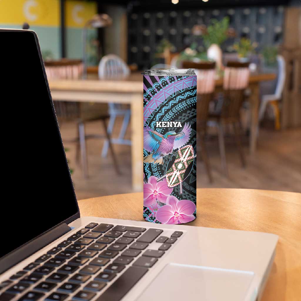 Personalised Kenya Lilac Breasted Roller Skinny Tumbler Orchid Flower - African Pattern LT15