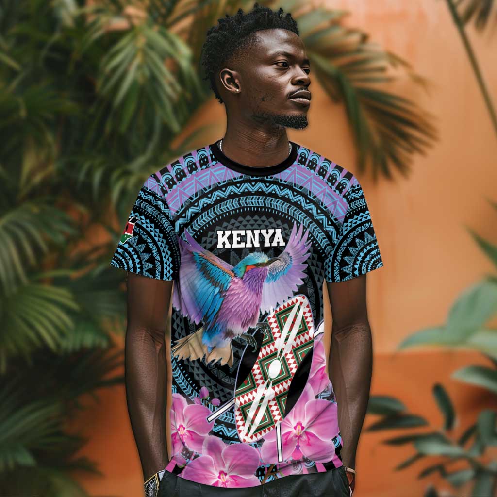 Personalised Kenya Lilac Breasted Roller T shirt Orchid Flower - African Pattern LT15