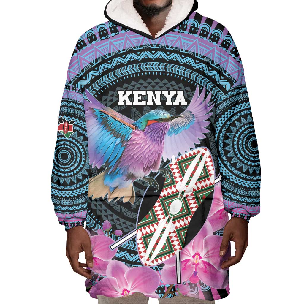 Personalised Kenya Lilac Breasted Roller Wearable Blanket Hoodie Orchid Flower - African Pattern LT15