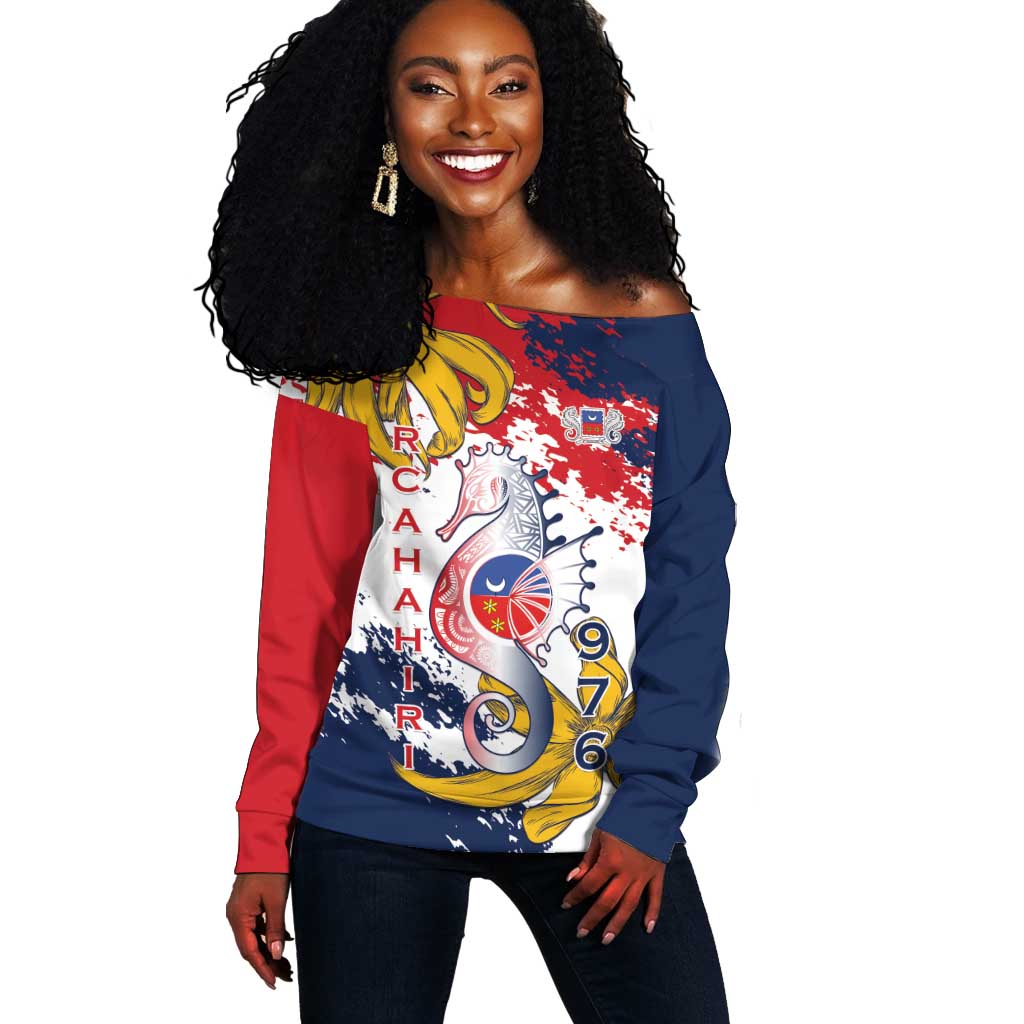 Département de Mayotte Off Shoulder Sweater Ra Hachiri 976 Map With Ylang Ylang LT15