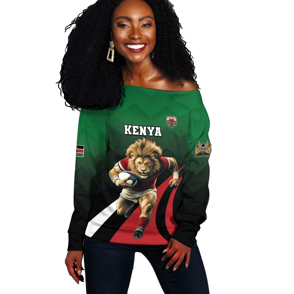 Kenya Rugby Custom Off Shoulder Sweater Simbas Mascot - Sporty Style LT15