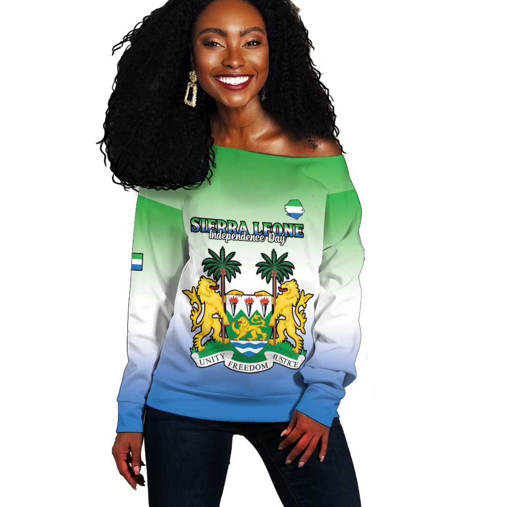 Personalised Sierra Leone Independence Day Off Shoulder Sweater Coat Of Arms Flag Map LT15