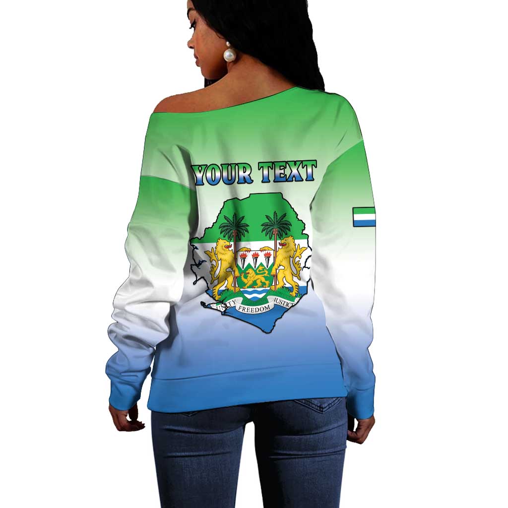 Personalised Sierra Leone Independence Day Off Shoulder Sweater Coat Of Arms Flag Map LT15