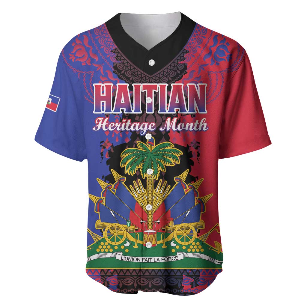 Personalised Haitian Heritage Month Baseball Jersey Coat Of Arms With Dashiki Pattern LT15