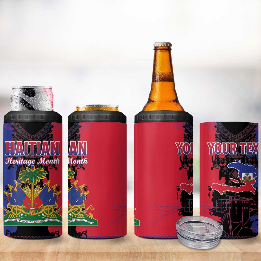 Personalised Haitian Heritage Month 4 in 1 Can Cooler Tumbler Coat Of Arms With Dashiki Pattern LT15