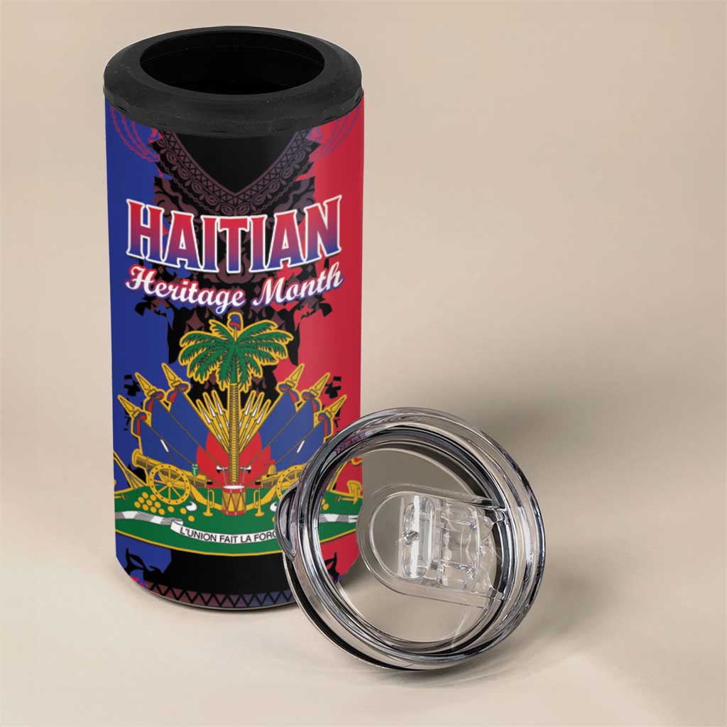 Personalised Haitian Heritage Month 4 in 1 Can Cooler Tumbler Coat Of Arms With Dashiki Pattern LT15