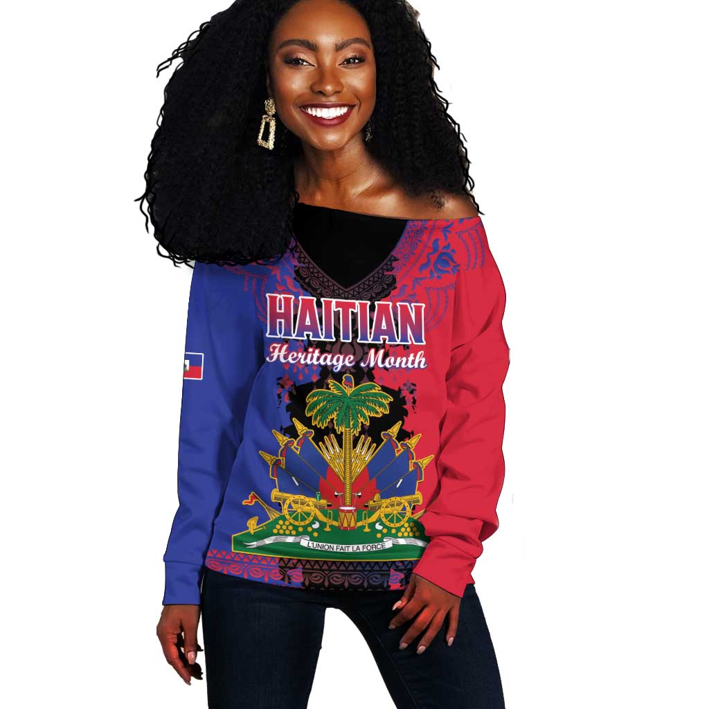 Personalised Haitian Heritage Month Off Shoulder Sweater Coat Of Arms With Dashiki Pattern LT15