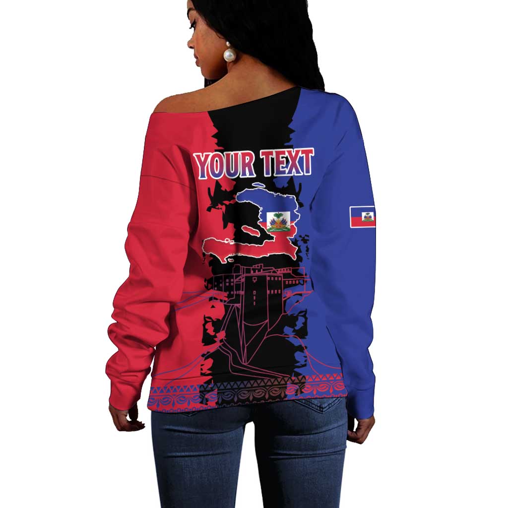Personalised Haitian Heritage Month Off Shoulder Sweater Coat Of Arms With Dashiki Pattern LT15