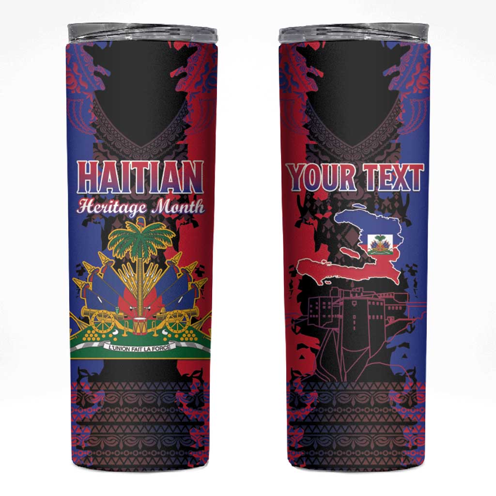 Personalised Haitian Heritage Month Skinny Tumbler Coat Of Arms With Dashiki Pattern LT15
