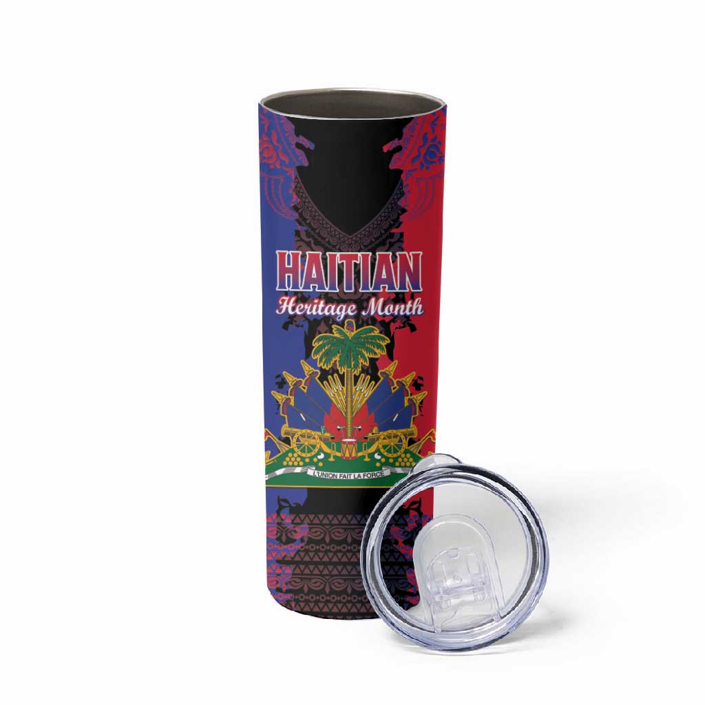 Personalised Haitian Heritage Month Skinny Tumbler Coat Of Arms With Dashiki Pattern LT15