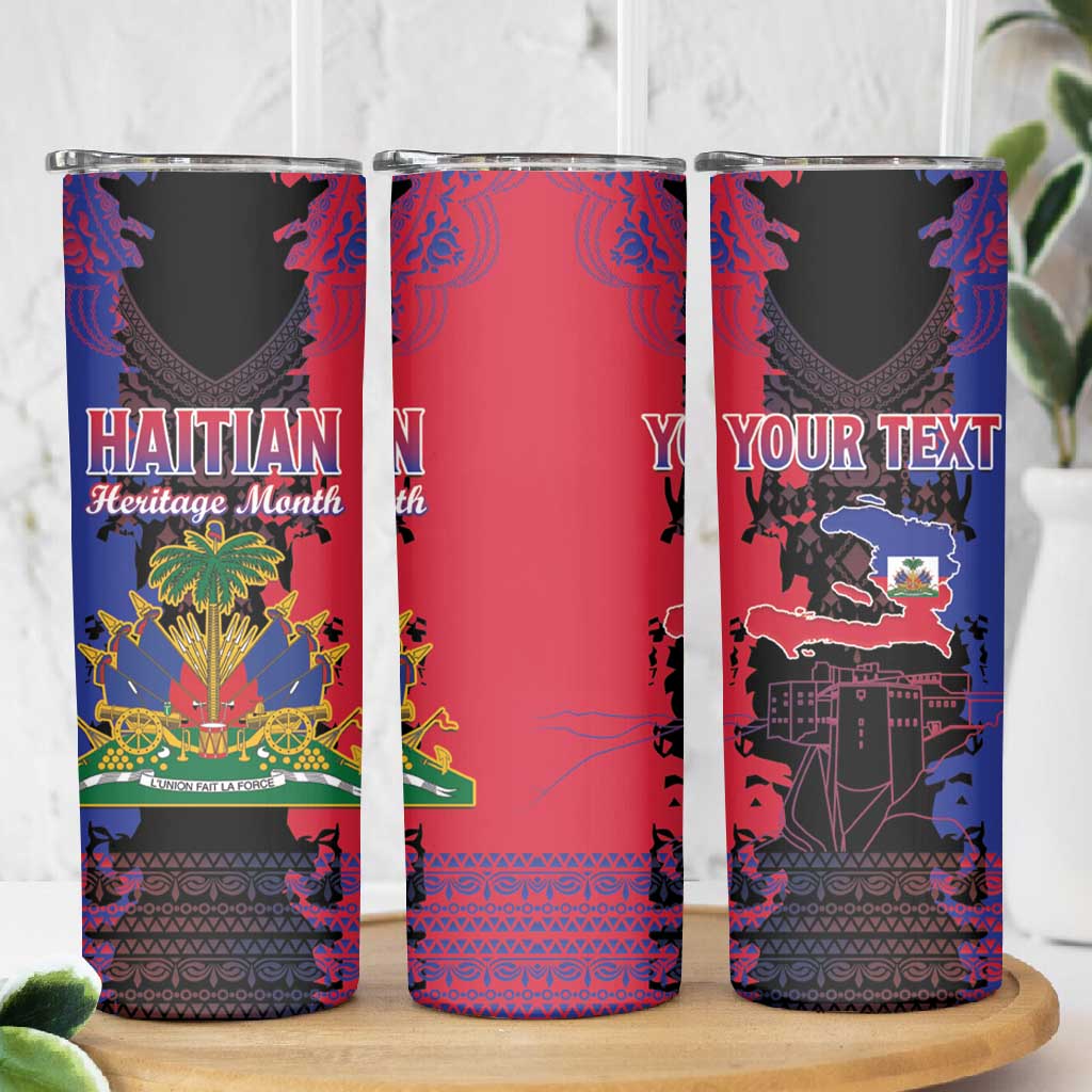 Personalised Haitian Heritage Month Skinny Tumbler Coat Of Arms With Dashiki Pattern LT15