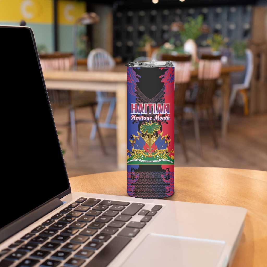 Personalised Haitian Heritage Month Skinny Tumbler Coat Of Arms With Dashiki Pattern LT15