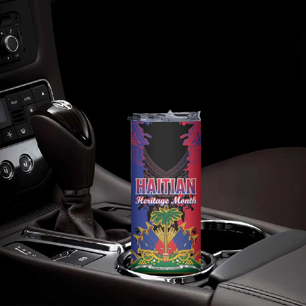 Personalised Haitian Heritage Month Skinny Tumbler Coat Of Arms With Dashiki Pattern LT15
