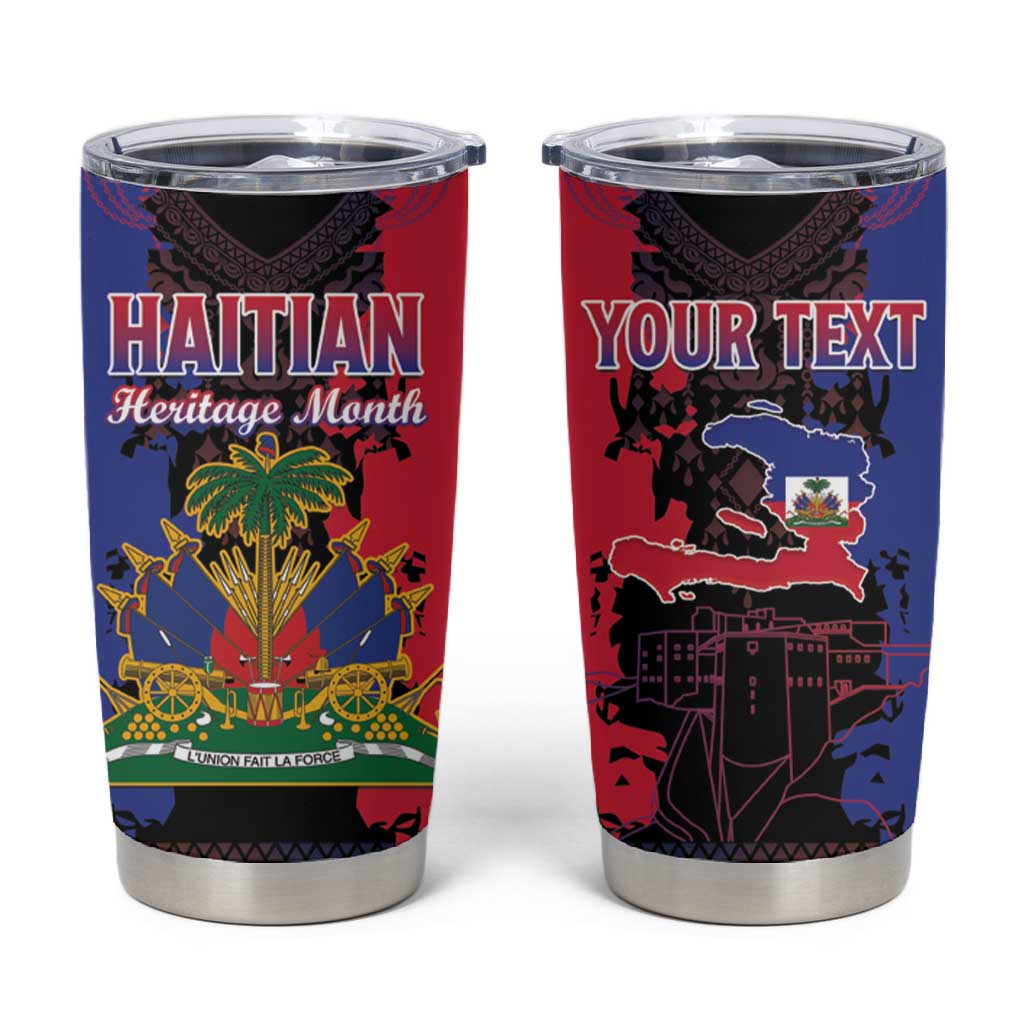 Personalised Haitian Heritage Month Tumbler Cup Coat Of Arms With Dashiki Pattern LT15