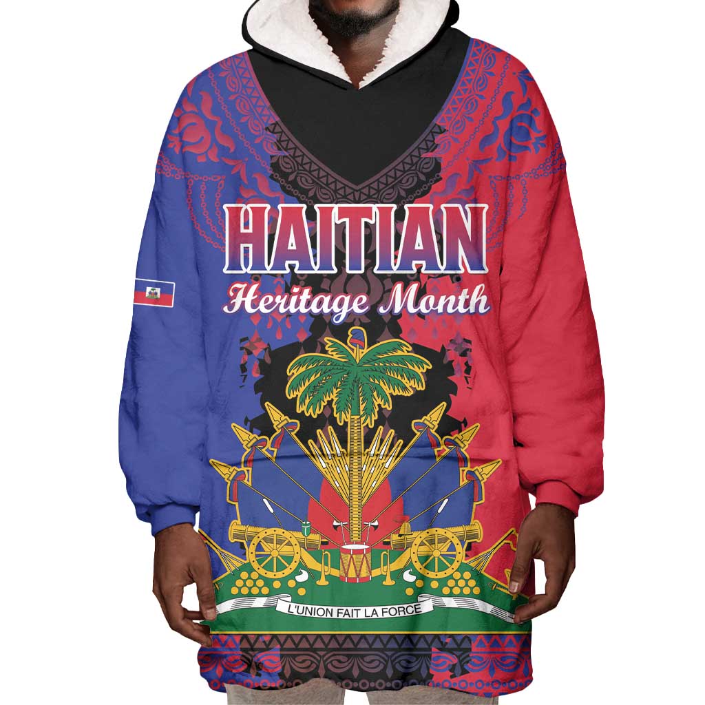 Personalised Haitian Heritage Month Wearable Blanket Hoodie Coat Of Arms With Dashiki Pattern LT15