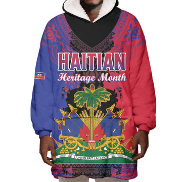 Personalised Haitian Heritage Month Wearable Blanket Hoodie Coat Of Arms With Dashiki Pattern LT15