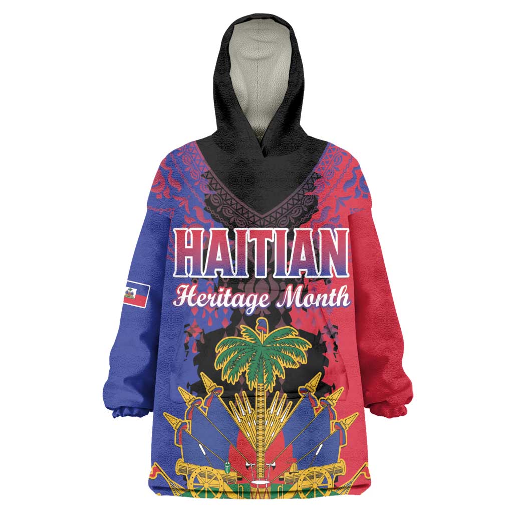 Personalised Haitian Heritage Month Wearable Blanket Hoodie Coat Of Arms With Dashiki Pattern LT15