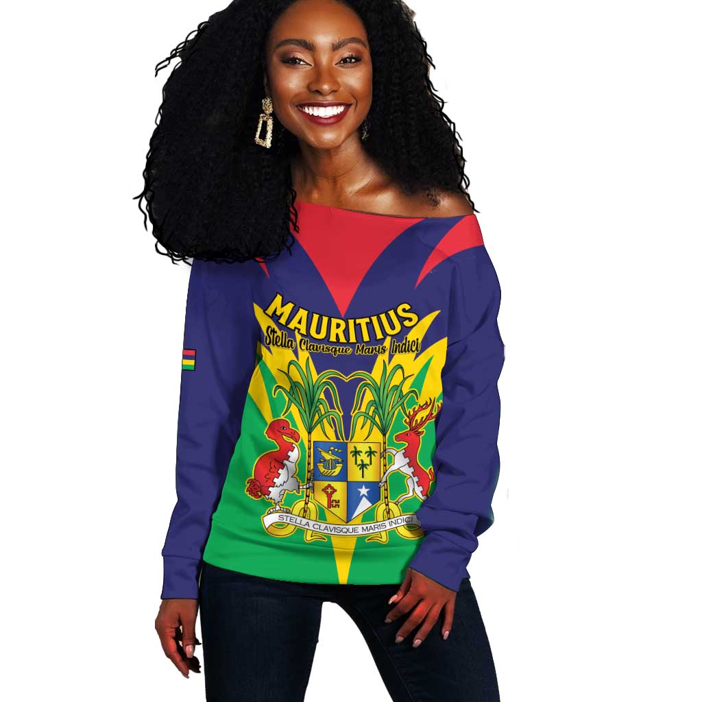 Personalised Republique de Maurice Off Shoulder Sweater Coat Of Arms Flag Style LT15