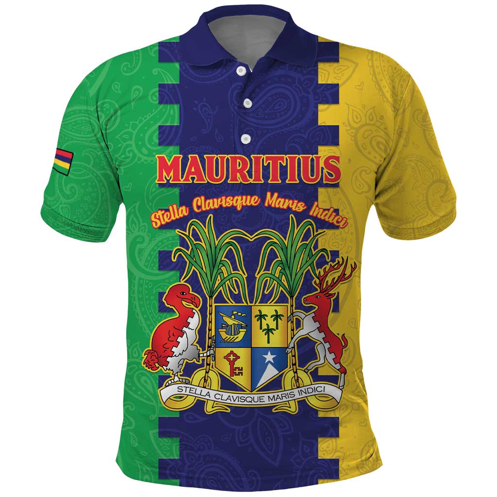 Personalised Mauritius Polo Shirt Coat Of Arms Mix Paisley Pattern LT15